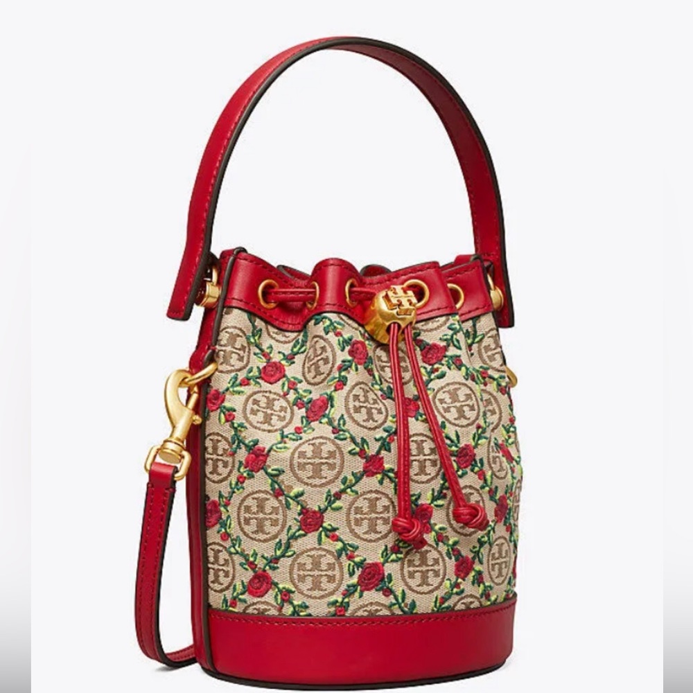 NWT Tory Burch T Monogram Embroidered Mini Bucket Bag 87062 limited edition